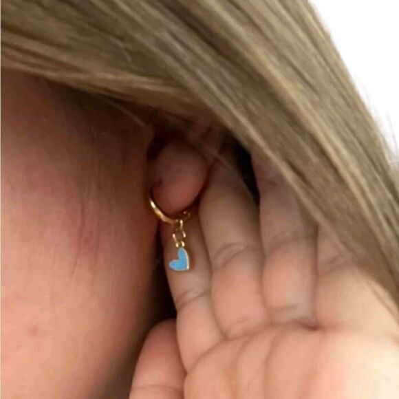 Gold Hoops Dangling Heart Drop Huggie Earrings - Picture 3 of 5